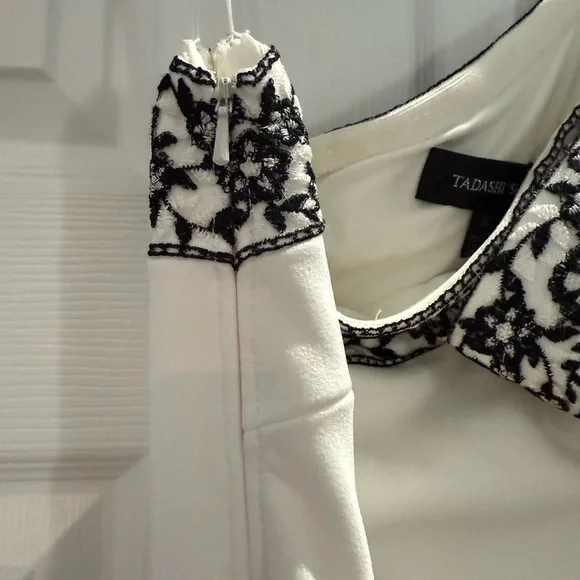Tadashi Shoji Asymmetrical Embellished Gown White and Black